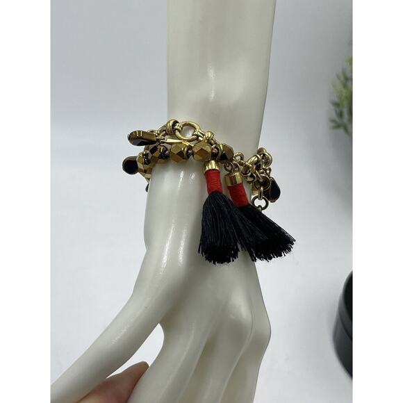 J. Crew Gold Tone Bronze Triple Strand Bracelet Dangles Black Red Tassel - Picture 11 of 11
